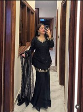 Trending Roman Silk Black Kurta Palazzo With Dupatta For Women  Girls