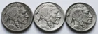 1923, 1925, 1926 Buffalo Nickels XF/+ Details, Three 5C coins