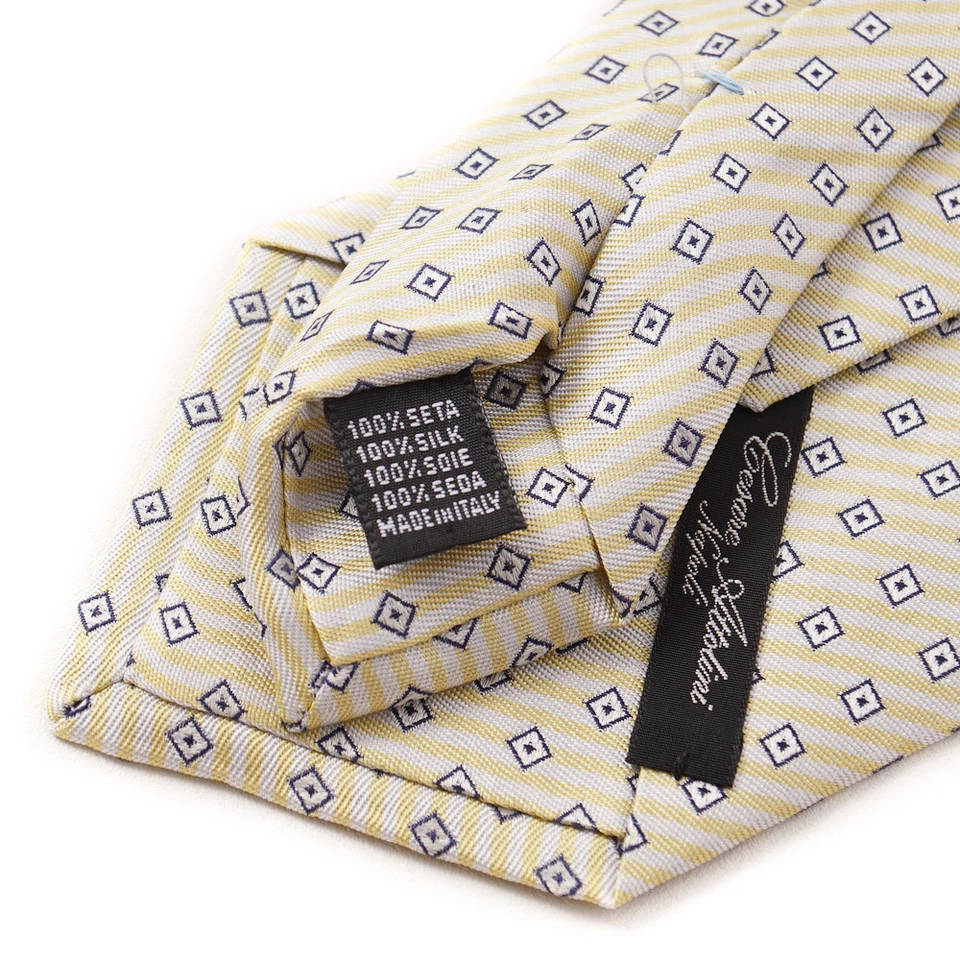 Gravata de seda nova com etiquetas $295 CESARE ATTOLINI amarelo claro-azul marinho estampa jacquard - Imagem 3 de 3