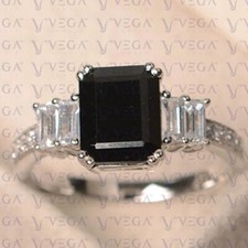 5.80Crt Emerald Cut Natural Black Onyx  Diamond 18K White Gold Plated Ring