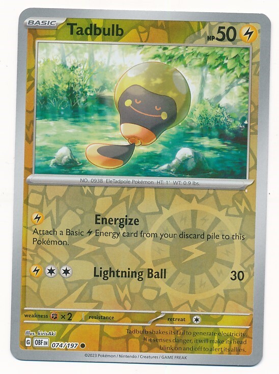 D435720  Pokemon Card Tadbulb #74 Obsidian Flames Reverse Holo