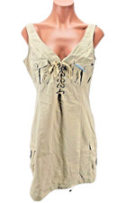 VTG 90s Tommy Hilfiger Jumper Overall Dress Sz L FLAG PATCHES Khaki Lace Up y2k