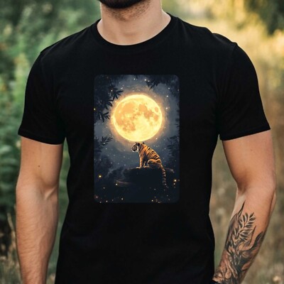 Herren T-Shirt Tiger  bei Vollmond Motiv Baumwolle Größe XS bis 5XL