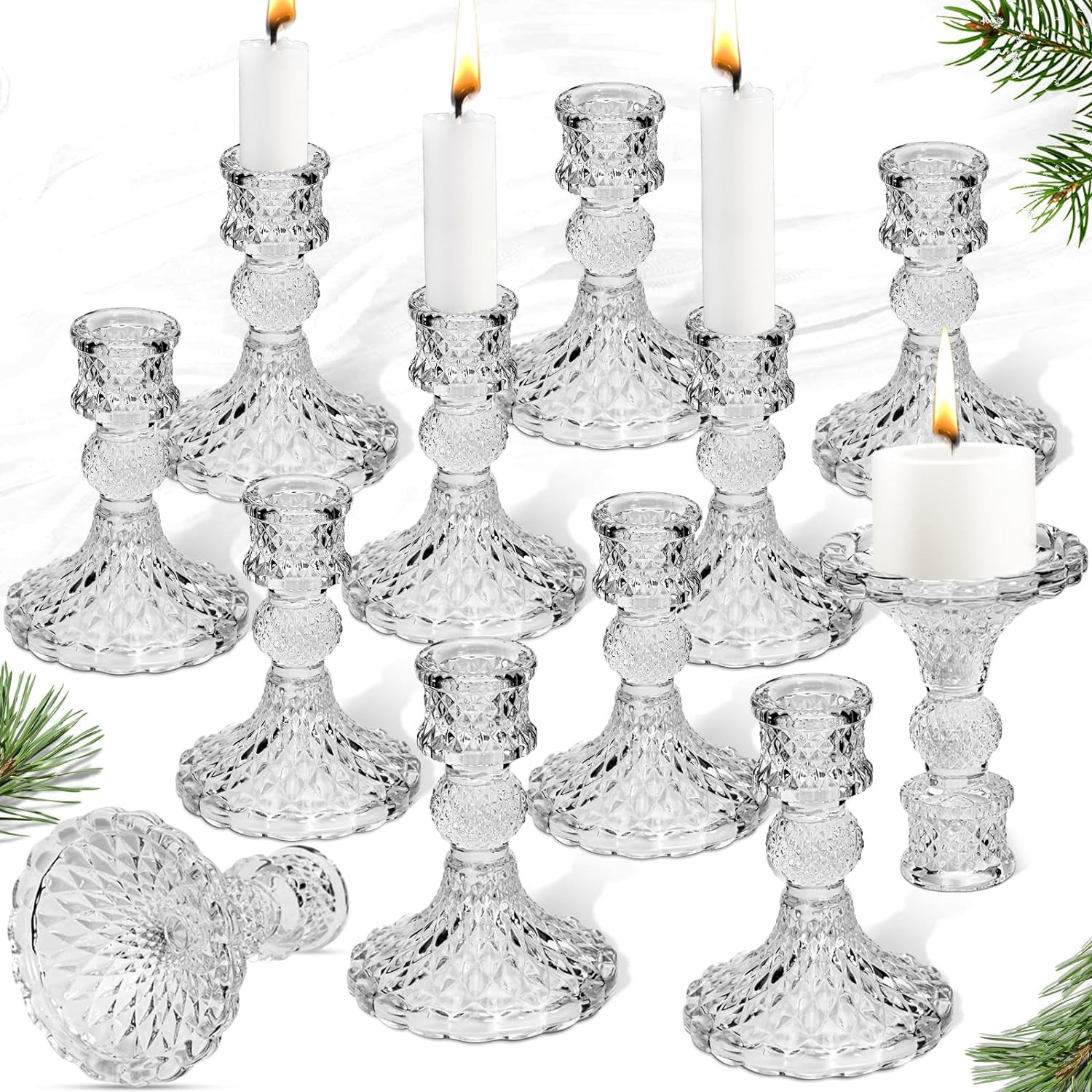 Taper Candlestick Holder Set of 12, Clear Glass Candle Holders for Candlesticks,