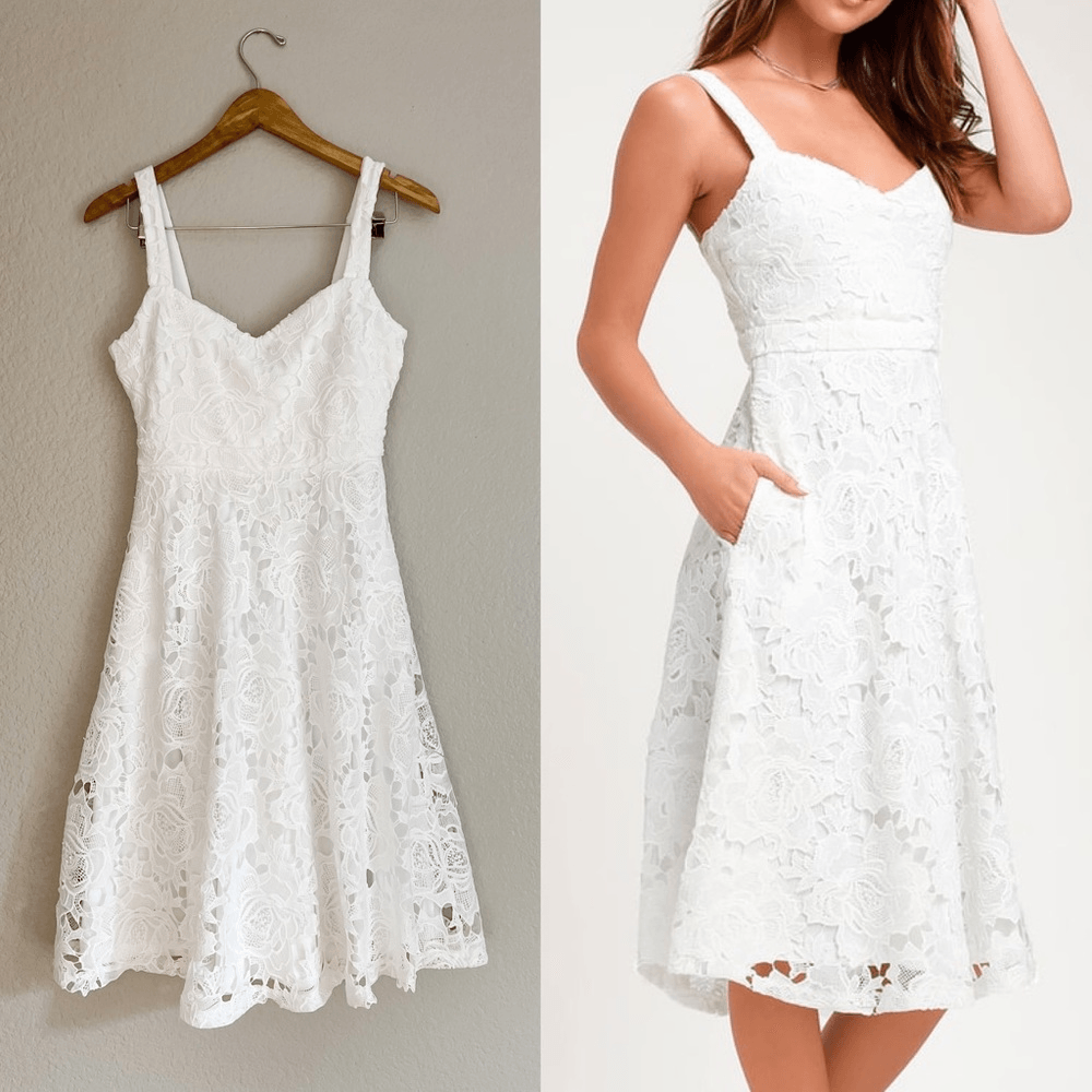 Divine Beauty White Lace Midi Dress With Pockets S NWOT | eBay