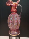 FENTON? RARE CRANBERRY PINK W/ GOLD VASE HAND PAINTED W/ CHARLETON ROSES 8 3/4".