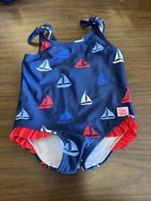 Ruffle Butts One Piece Swimsuit Ruffle Navy w Red and blue sailboats Sz 6-12 mo
