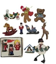 Vintage 1980's Wood Wooden Christmas Ornaments Assorted Painted 12 Ornament Lot 