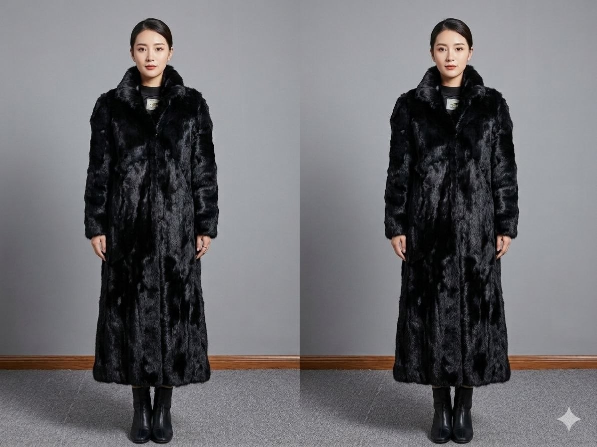 luxurious women's fur coat made of natural mountain goat fur, size L