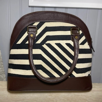 Noonday Collection Geometric Satchel Black Cream Brown Zip Gold Hardware