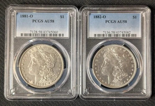 1881-O & 1882-O - 2x Morgan Silver Dollars - Both PCGS AU58 -  1.5468 troy oz