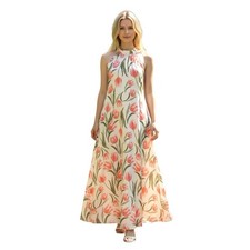 Julia & Anne Halter Floral Maxi Dress Size S Coral Pink Tulip Garden Party NWOT