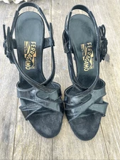 Salvatore Ferragamo Black Crocodile Embossed Leather Slingback Heel Sandals, siz