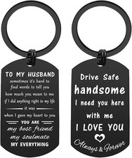 Drive Safe Handsome Black Dog Tag Keychain for Husband, Romantic Valentines Gift