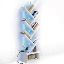 White Tree Bookshelf with LED Light Strip — 6-Tier Small Floor Standing Bookc...