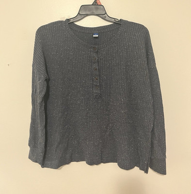 Old Navy Women s Black Knit Henley Button Pullover Sweater Long Sleeve M