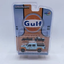 2020 JEEP GLADIATOR RUBICON PICKUP "GULF" W/MOTORCYCLE 1/64 BY GREENLIGHT 51524