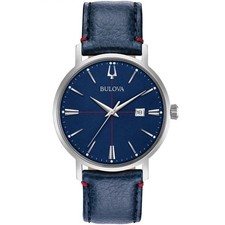 Bulova Men's Analog Watch Aerojet Quartz Blue Dial Leather Strap Date 96B293