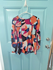 VICI Woman's Blouse Geometric Print Long Puff Sleeves With Ruffle cut