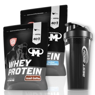 Mammut Whey Protein 2 x 1kg Eiweiß + Best Body Shaker in Schwarz 36,23 /kg