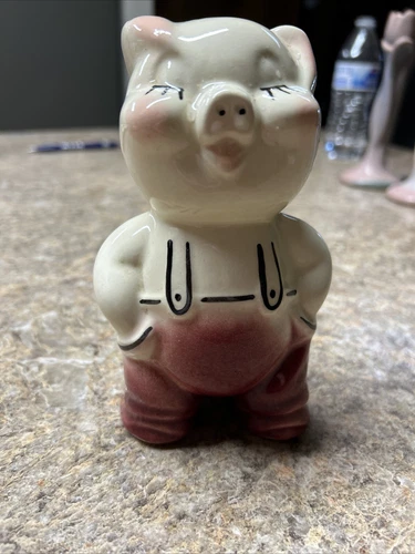 VTG Shawnee Pottery SMILEY Standing Pig Coin Bank Maroon Pants Suspenders 5.75"