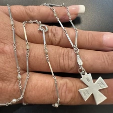 ANTIQUE ESTATE 800 SILVER CHATELAINE NECKLACE 27” w/ STERLING IHN CROSS PENDANT