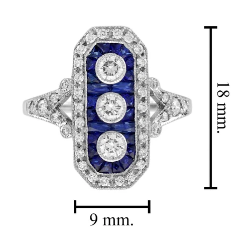 Diamond and Blue Sapphire Art Deco Style Three Stone Ring in 18K White Gold - Picture 10 of 15