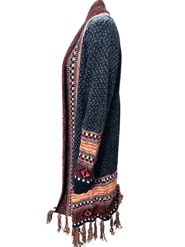 CCC Bohemian Aztec Tribal Print Knit Cardigan Fringe Multicolor Pattern Sweater - Picture 3 of 12