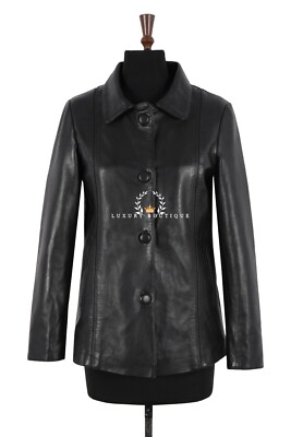 Damen schwarz Echtleder Auto Mantel Knopfleiste vorne klassisch Kragen Jacke