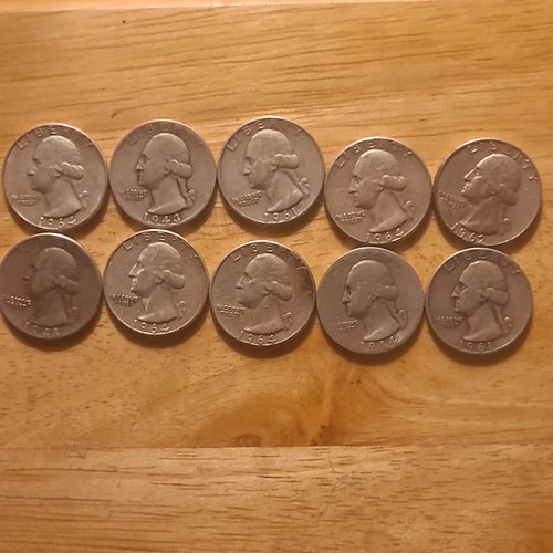 Washington Silver Quarters Lot of 10 Circulated 1964 US 25C Business Strike 90%