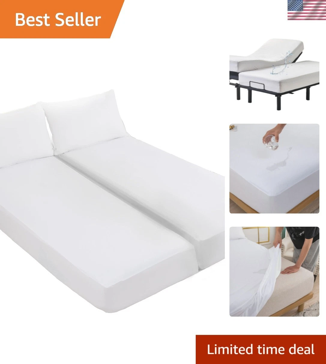 Waterproof Split King Mattress Protector for Adjustable Beds Soft Cooling Bam...