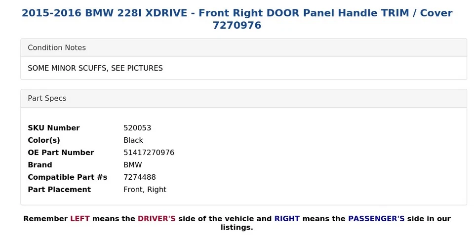 BMW 228I XDRIVE 2015-2016 - Manija del panel de la puerta delantera derecha moldura/cubierta 7270976 Foto 3 de 4