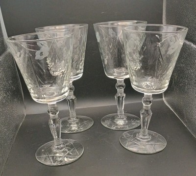 Vtg Libbey Rock Sharpe Wine/Water Goblets Etched Floral Elegant Set Of 4 7''
