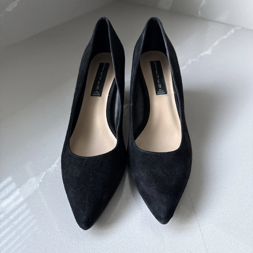 Zapatos de salón de gamuza negros STEVEN by Steve Madden Buena talla 8,5 tacón jaula dorada Foto 2 de 4