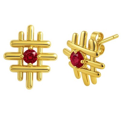 18K Gold Over Brass Grid Gemstone Stud Earrings, Elegant Modern Look TGE1034