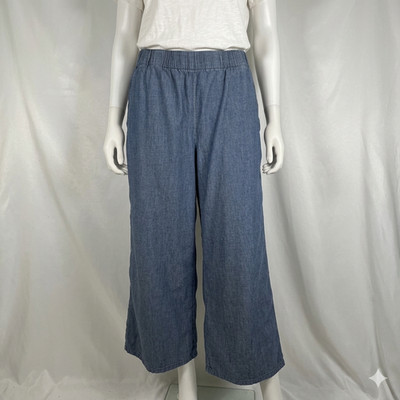 Eileen Fisher Blue Organic Cotton Cropped Wide Leg Pants Elastic Waist S