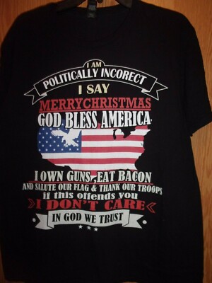 I OWN GUNS EAT BACON N SALUTE THE FLAG black L Ladies t shirt