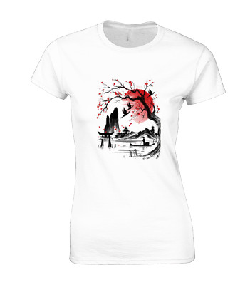 JAPANISCHE DORFSZENE DAMEN T-SHIRT COOL JAPAN SAMURAI ALTES DESIGN GEISHA