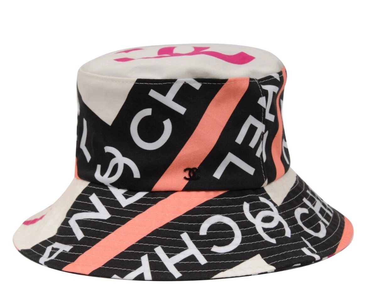 Chanel 22C CC Logo Bucket Hat Small S Pink White Black 100% Cotton Sun  Cloche