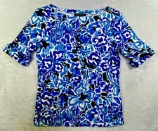 Lauren Ralph Lauren Top Womens M S/S Blue White Floral Shoulder Zipper