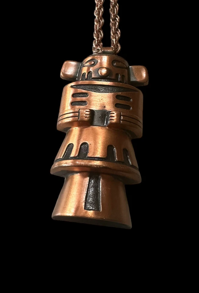 Vintage Pendant Solid Copper Incan Mayan Aztec Figurine Necklace Bell Trade Rare - Image 3 of 4