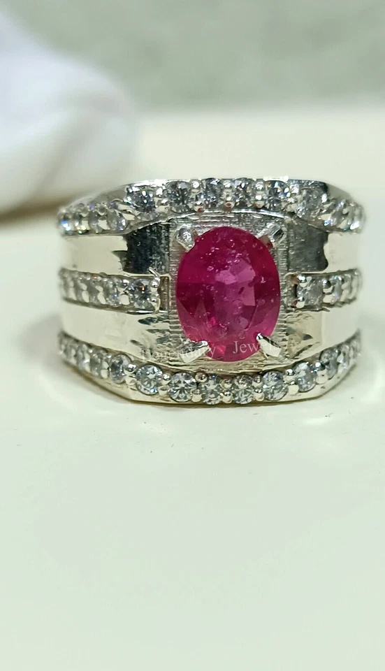 Pedra preciosa de rubi natural com anel folheado a prata 925 para joias masculinas - Imagem 3 de 4