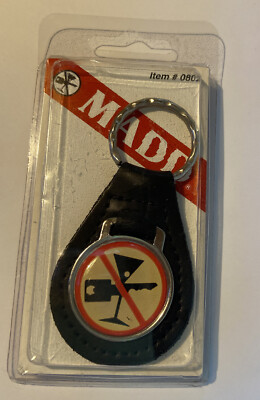 Vintage MADD Keychain Fob Key Ring Hangtag Leather Penguin Products
