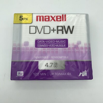 Maxell DVD+RW Discs, 4.7GB, 4x, w/ Jewel Cases, Silver, 5-Pack (MAX634045) DVDRW