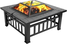VINGLI 32in Wood Fire Pit with Mesh Lid and Fire Poker