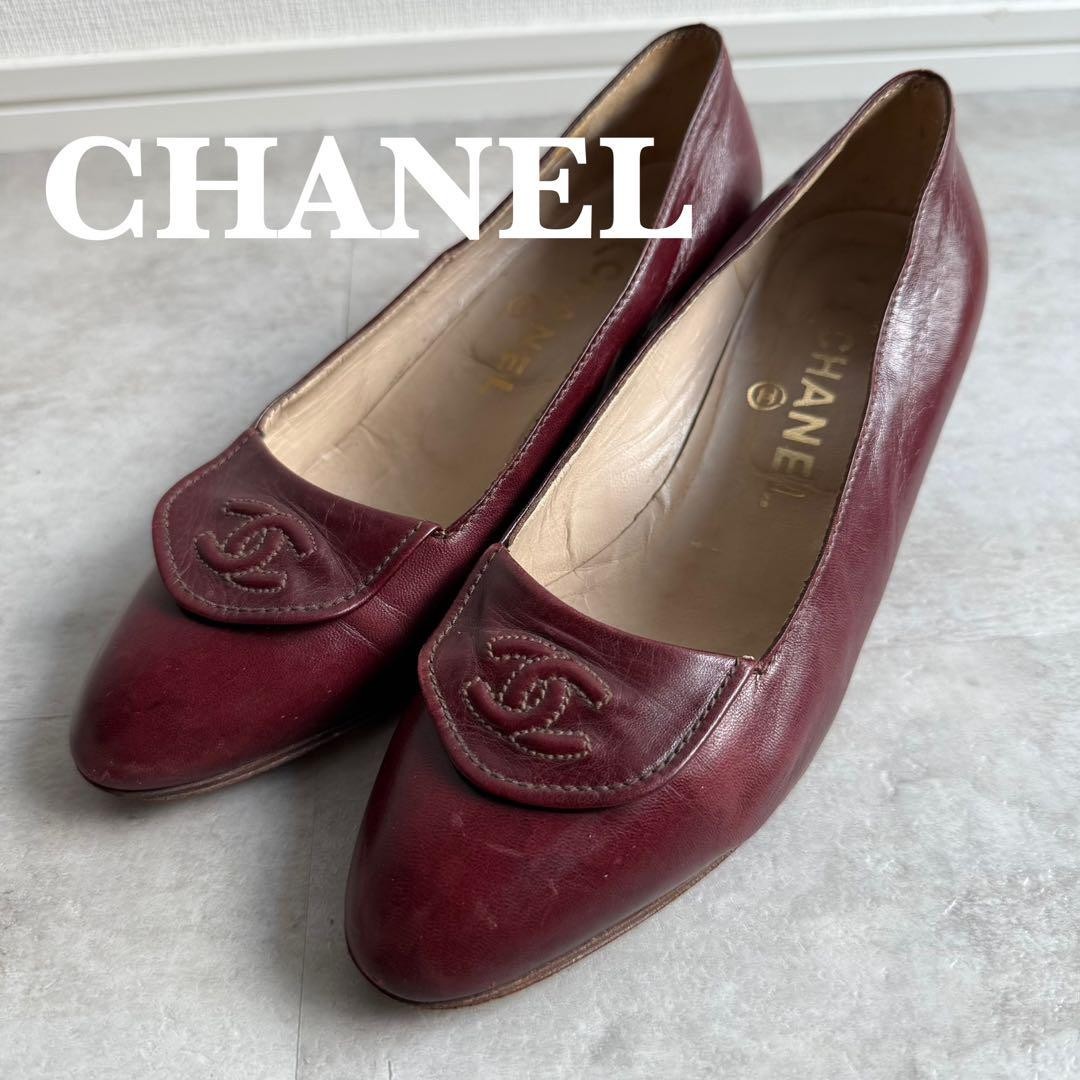 【美品‼️】CHANEL シャネル　ヒールローファー　ワインレッド Chanel Heeled Loafers Shoes Wine Red Bordeaux Size 35 US