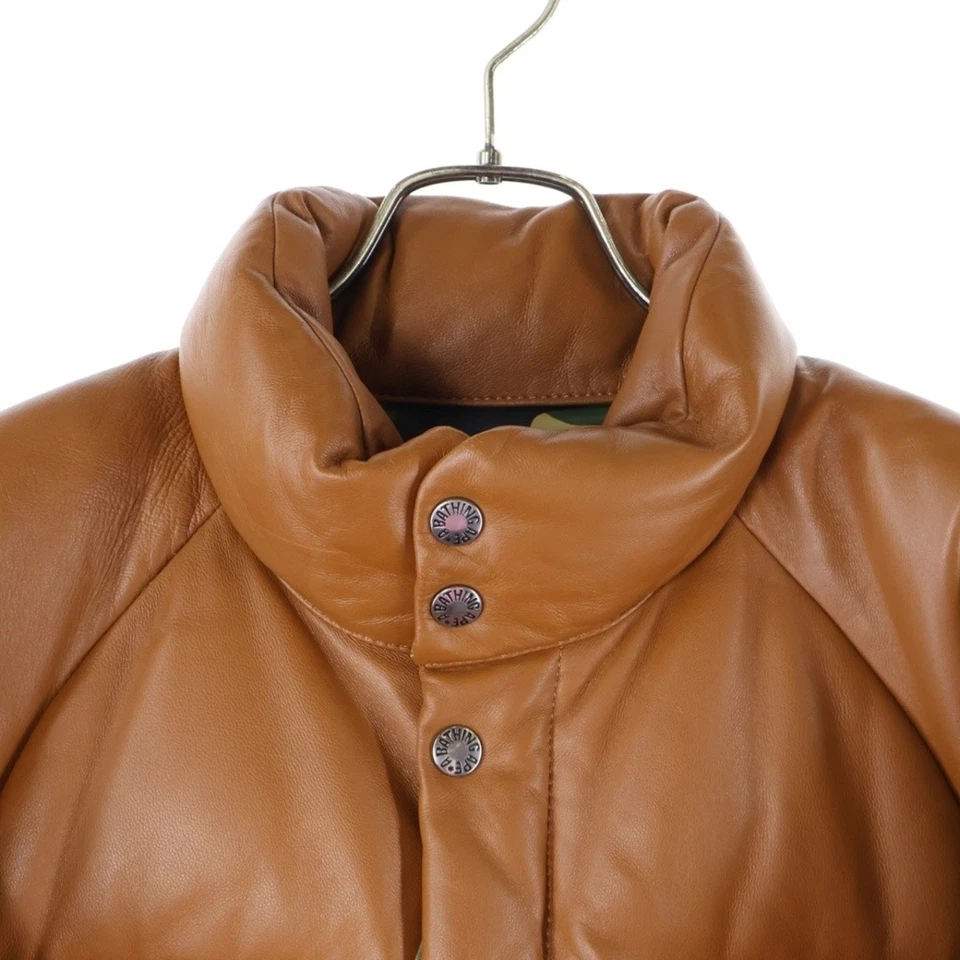 A BATHING APE ABSING LEATHER CLASSIC DOWN JACKET Sheepskin Zip Up Brown Used d26 - Image 3 of 4