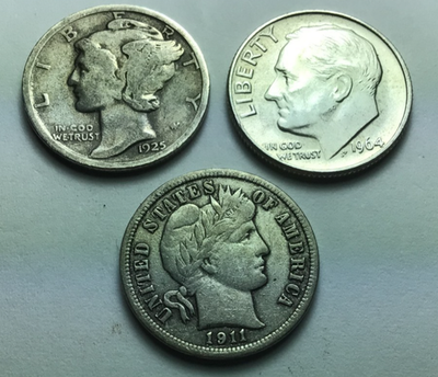 3 different silver Dime coin lot; Barber, Mercury, and Roosevelt