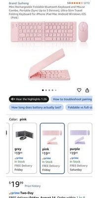 Guiheng Foldable Bluetooth Keyboard Mouse Combo Pink English QWERTY Portable