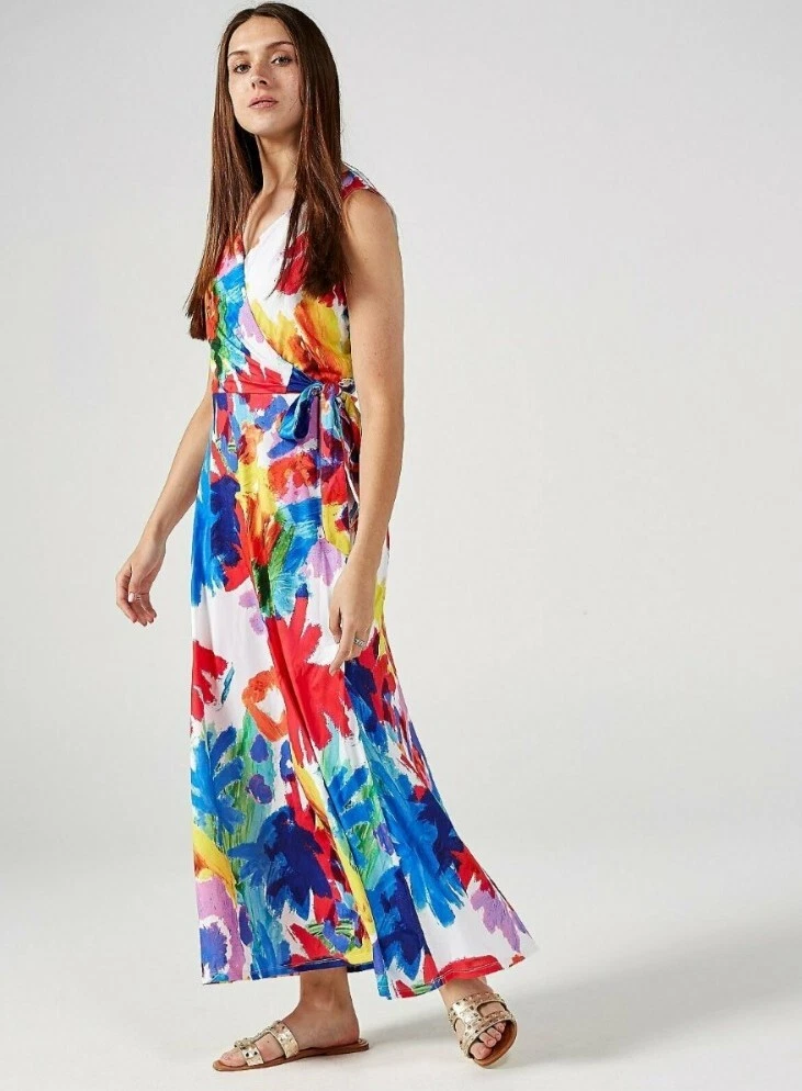 QVC Ronni Nicole Sleeveless Printed Faux Wrap Maxi Dress 10 Multicoloured BNWT